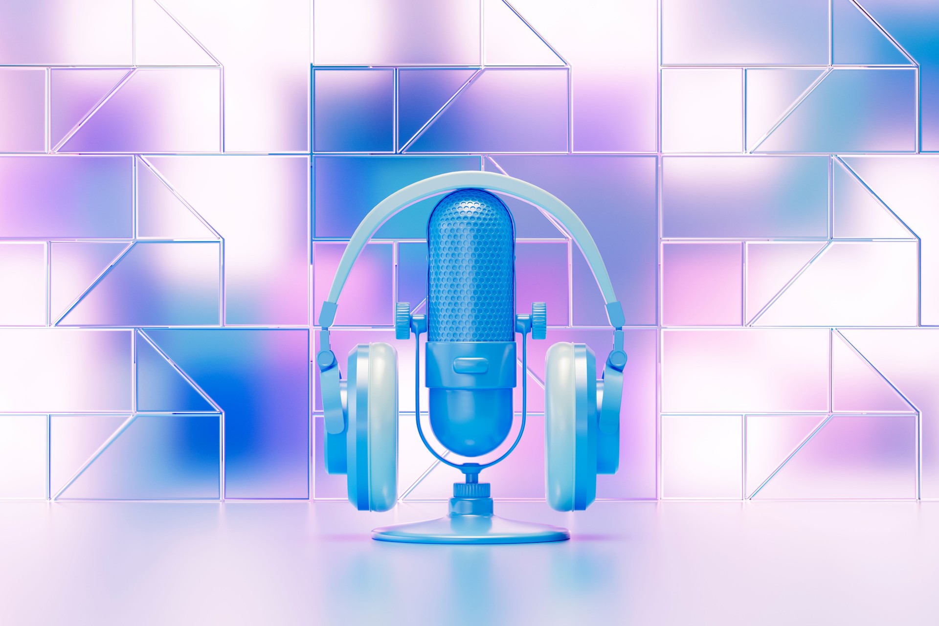 Microphone and Headphone with Transparent Glass Panel in Front of Neon Lights