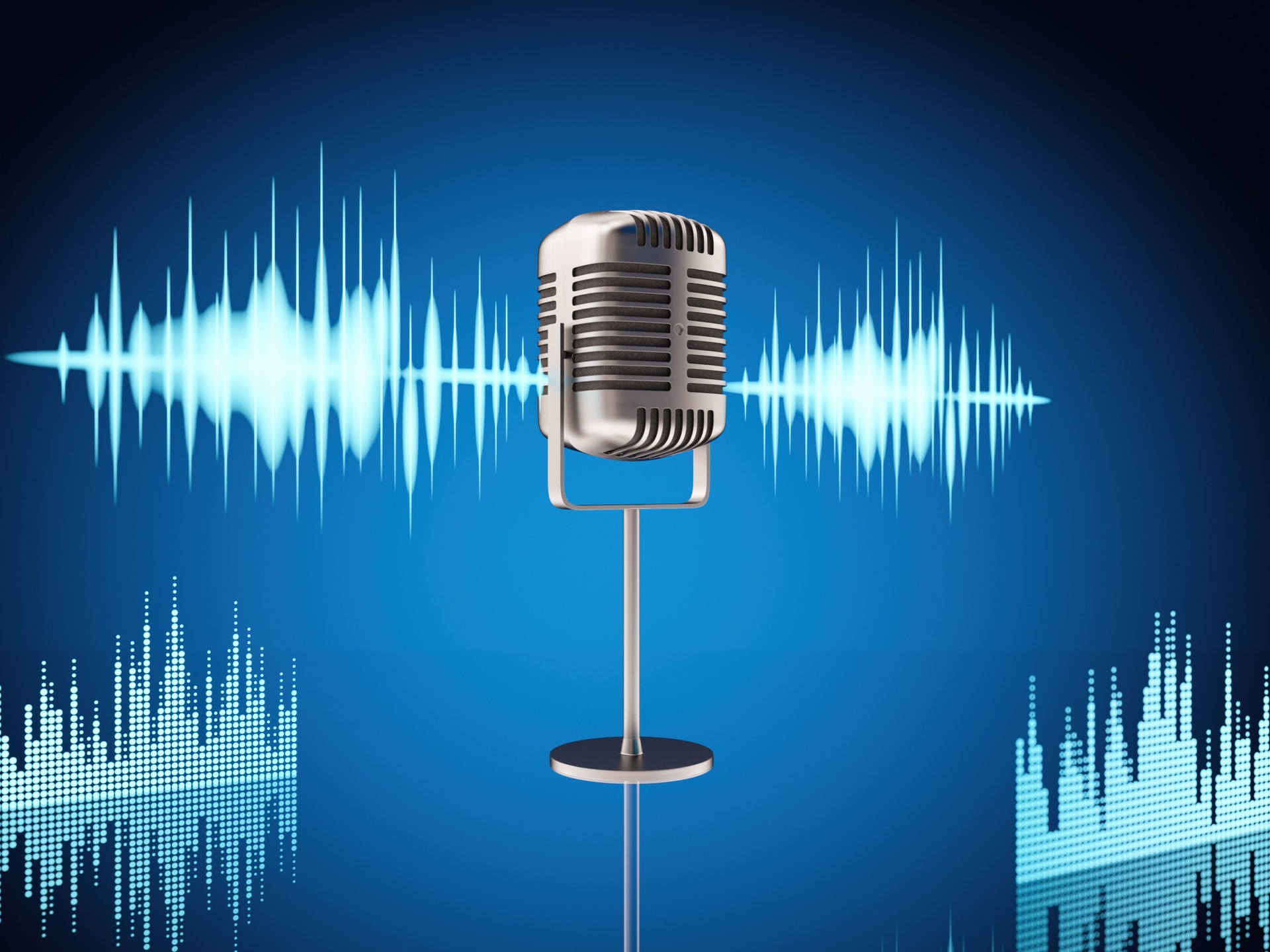 Podcast Concept with a Retro Microphone and Sound Wave Hologram